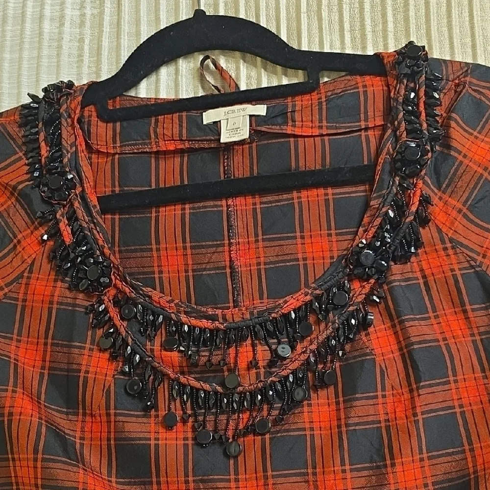 J. Crew Red and Black Silk Plaid Blouse